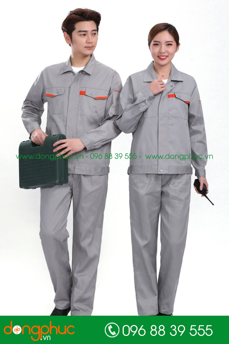 Mẫu áo đồng phục kỹ sư – công nhân màu ghi phối cam - mẫu 3