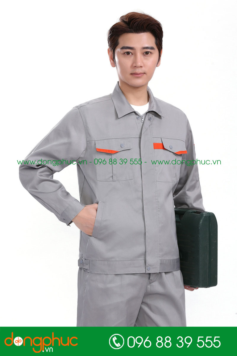 Mẫu áo đồng phục kỹ sư – công nhân màu ghi phối cam - mẫu 6