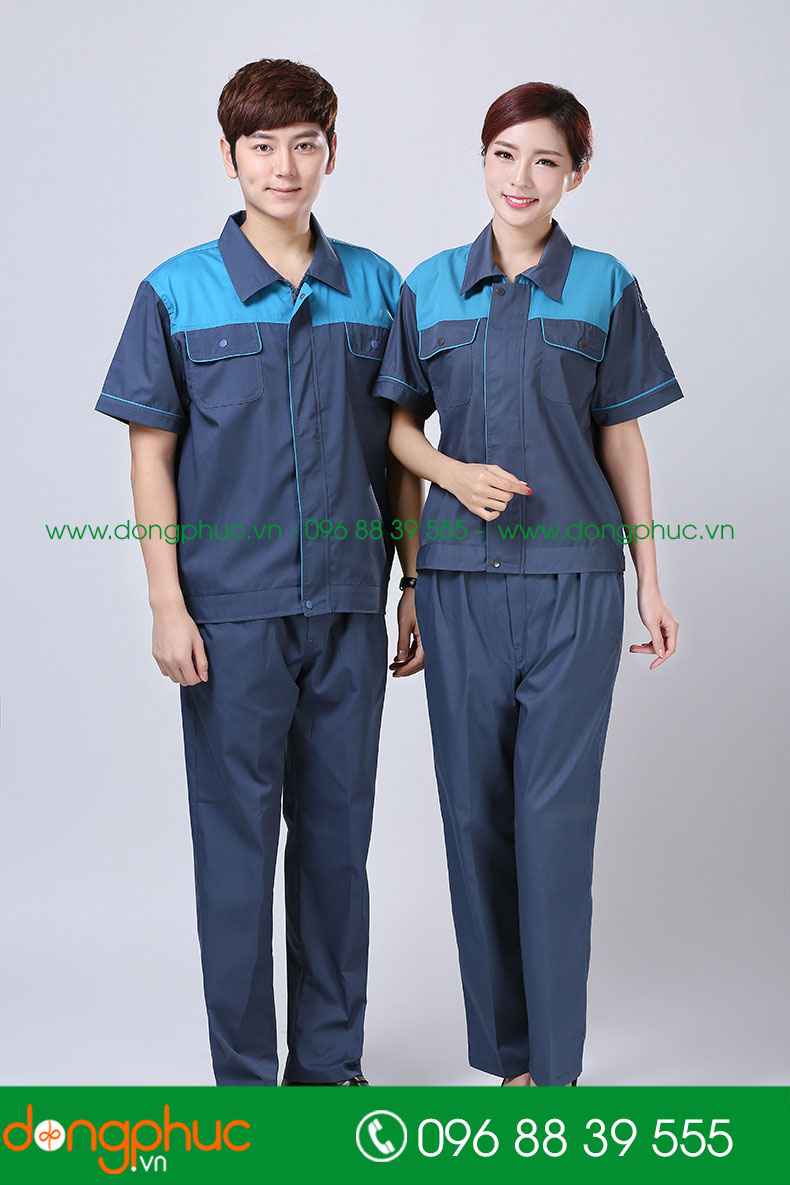 Mẫu áo đồng phục kỹ sư – công nhân màu xanh đậm phối vàng cộc tay - mẫu 2