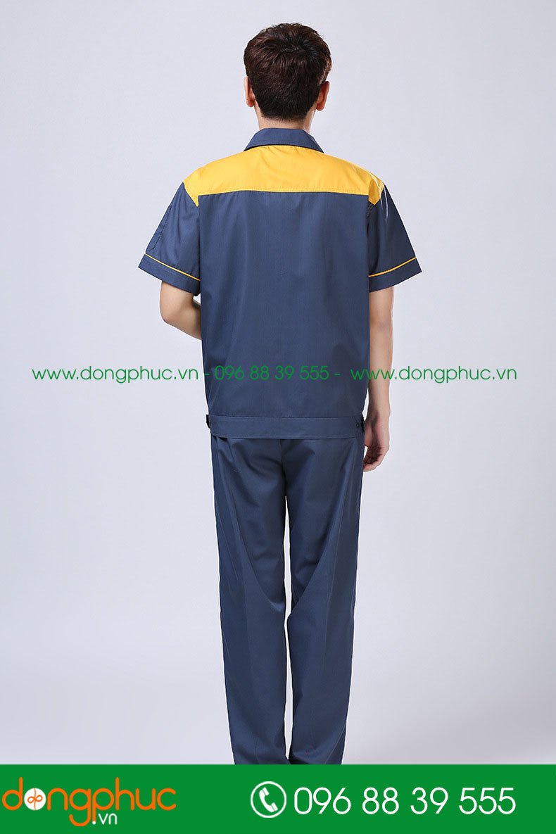 Mẫu áo đồng phục kỹ sư – công nhân màu xanh đậm phối vàng cộc tay - mẫu 3