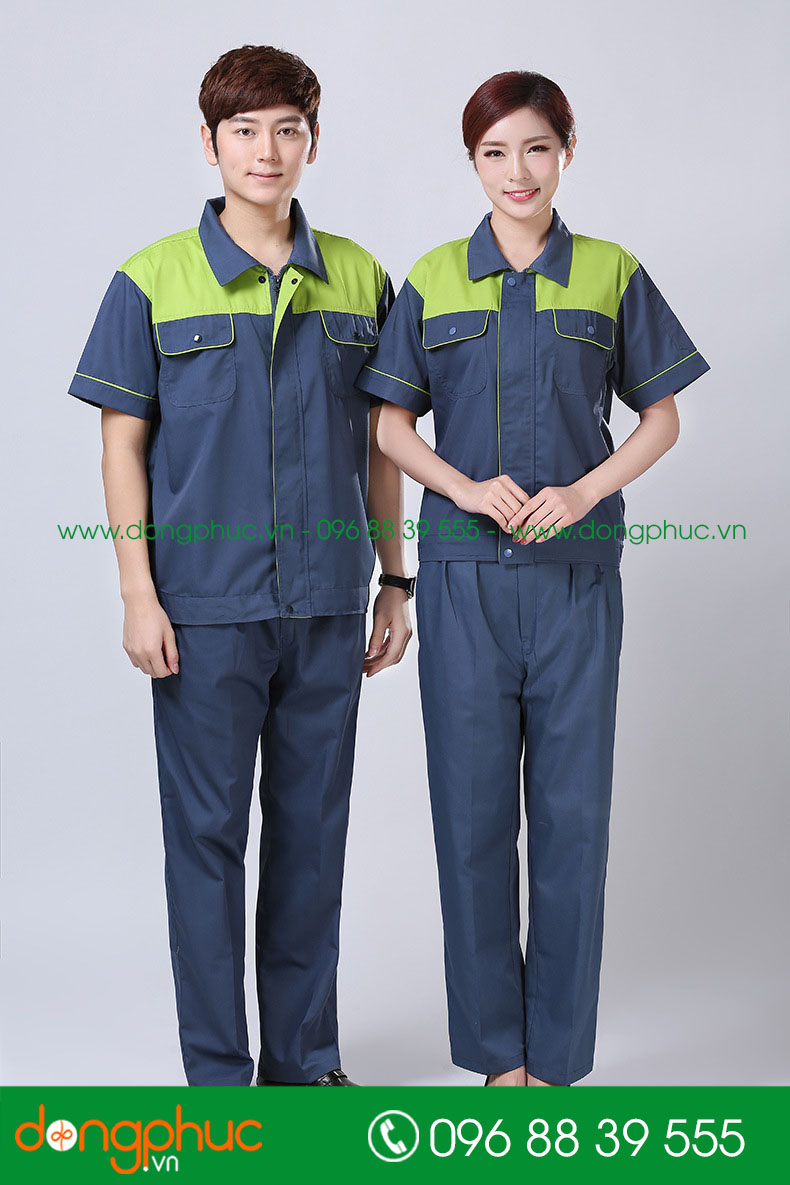 Mẫu áo đồng phục kỹ sư – công nhân màu xanh đậm phối vàng cộc tay - mẫu 4