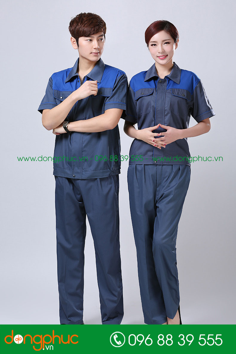Mẫu áo đồng phục kỹ sư – công nhân màu xanh đậm phối vàng cộc tay - mẫu 6