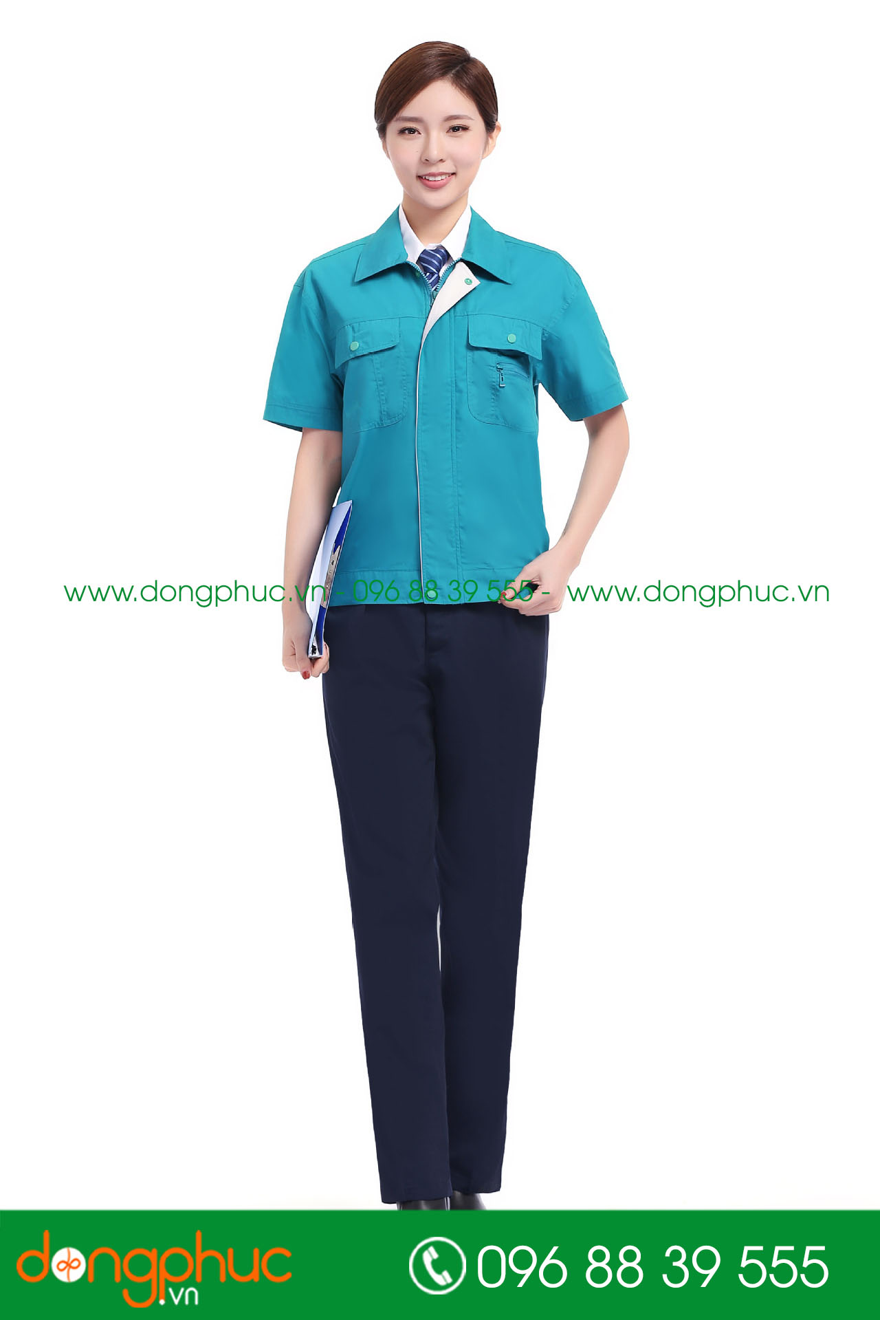 Mẫu áo đồng phục kỹ sư – công nhân màu màu xanh YA phối ghi cộc tay
