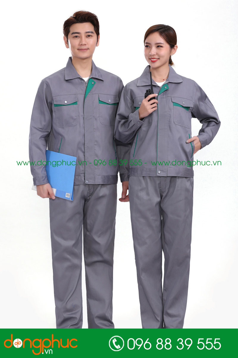 Mẫu áo đồng phục kỹ sư – công nhân màu ghi phối xanh lá - mẫu 2