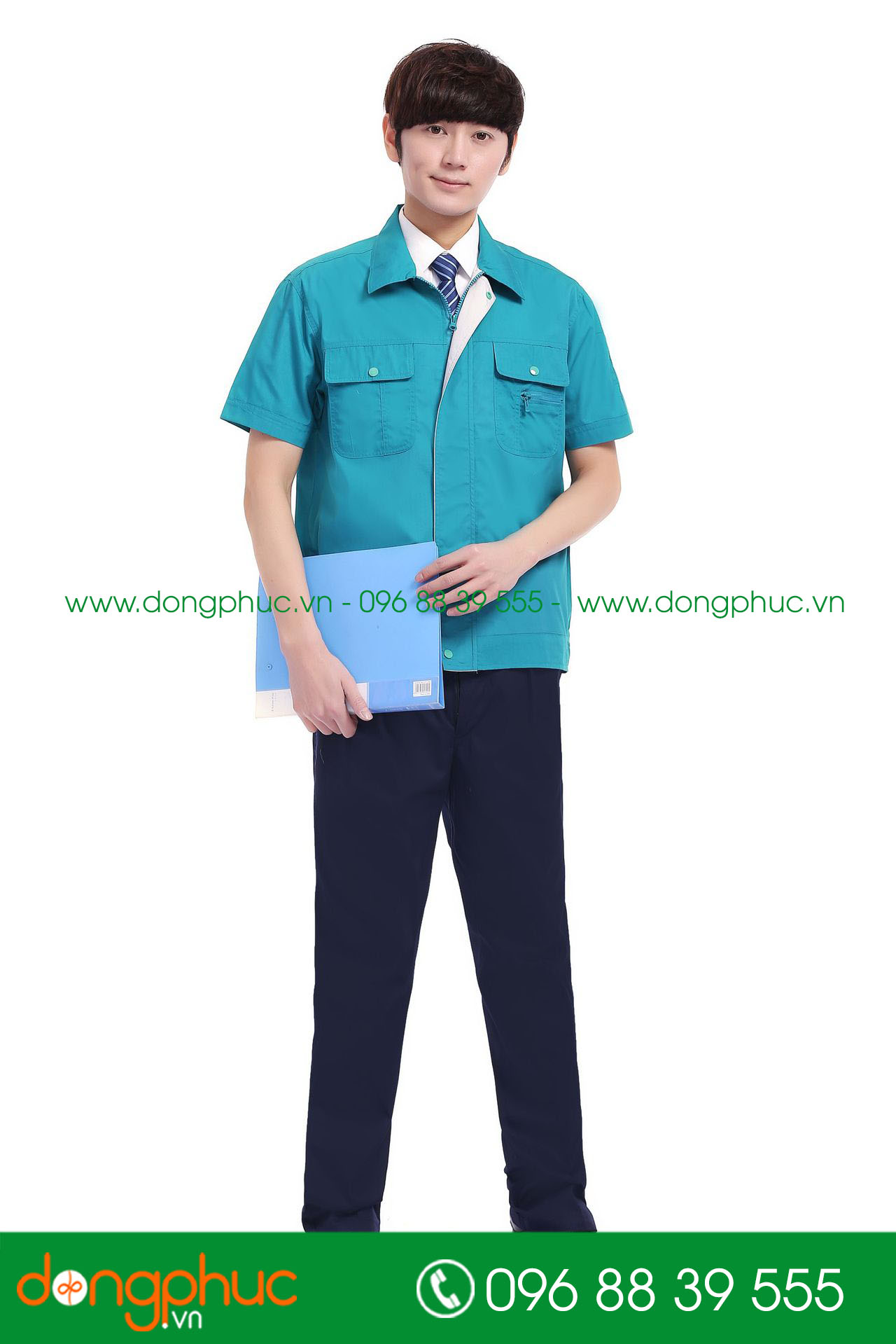 Mẫu áo đồng phục kỹ sư – công nhân màu màu xanh YA phối ghi cộc tay - mẫu 2