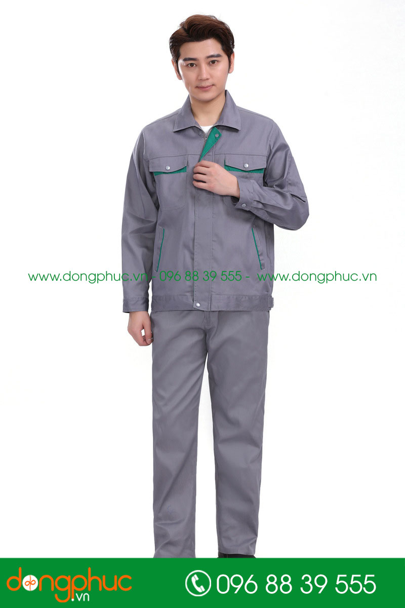 Mẫu áo đồng phục kỹ sư – công nhân màu ghi phối xanh lá - mẫu 3