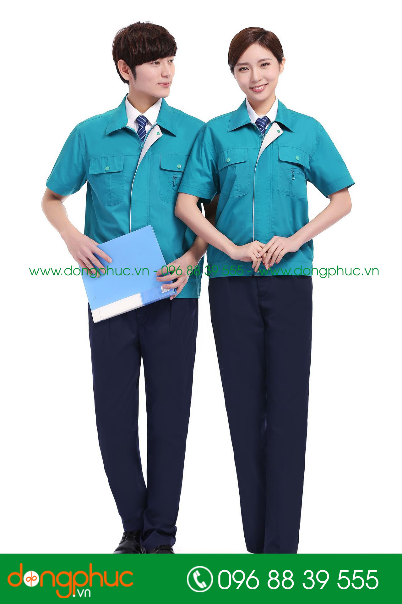 Mẫu áo đồng phục kỹ sư – công nhân màu màu xanh YA phối ghi cộc tay - mẫu 3