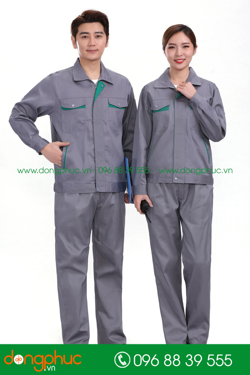 Mẫu áo đồng phục kỹ sư – công nhân màu ghi phối xanh lá - mẫu 4