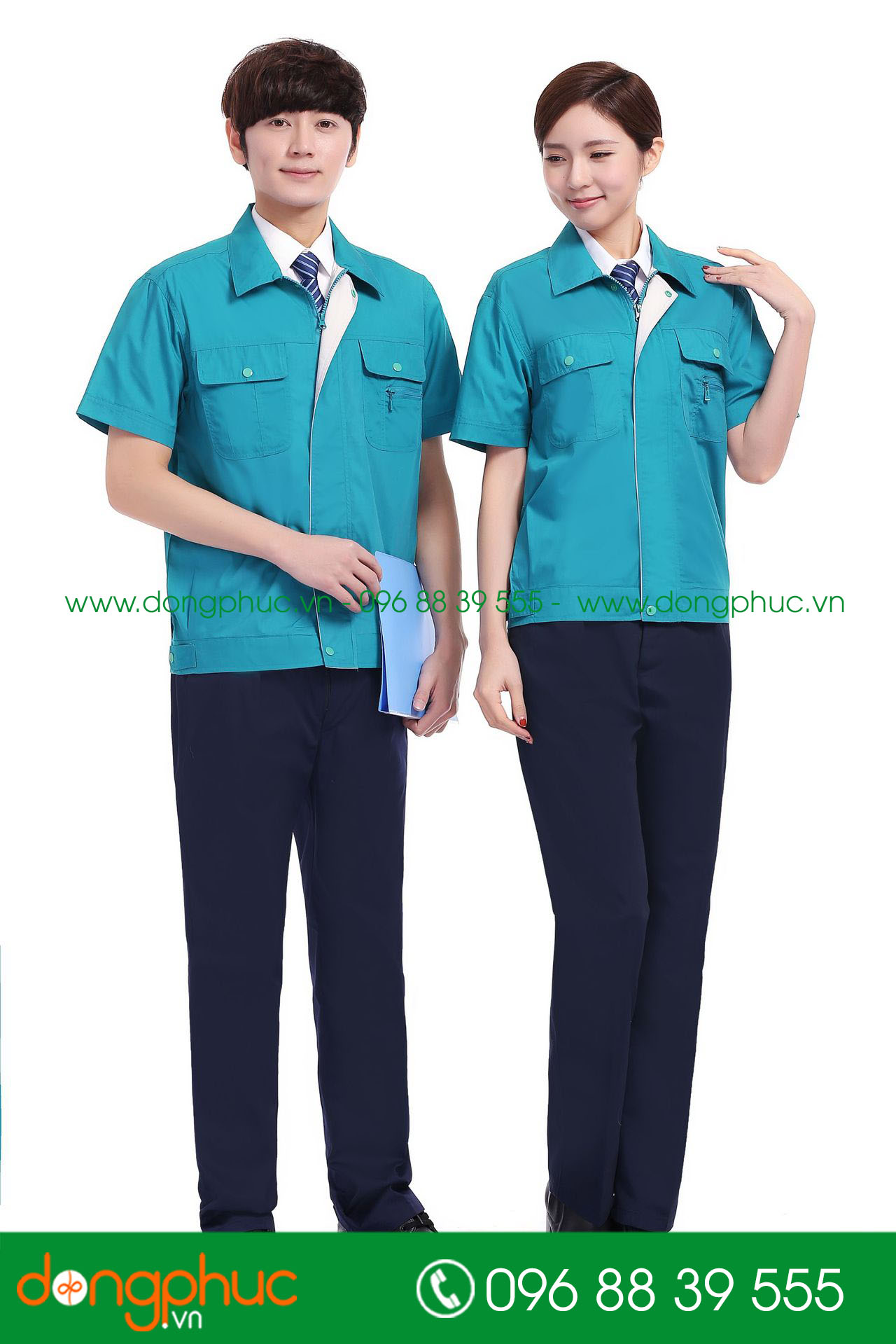 Mẫu áo đồng phục kỹ sư – công nhân màu màu xanh YA phối ghi cộc tay - mẫu 4