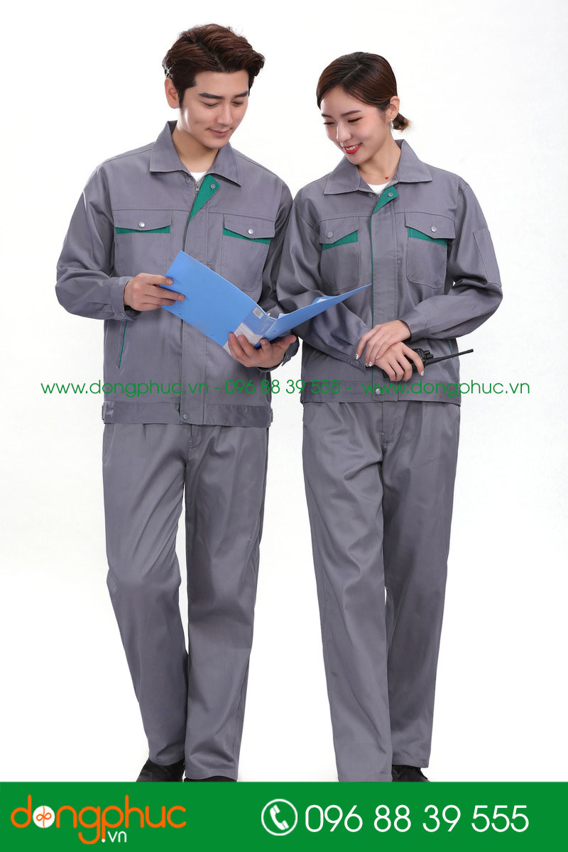 Mẫu áo đồng phục kỹ sư – công nhân màu ghi phối xanh lá - mẫu 5