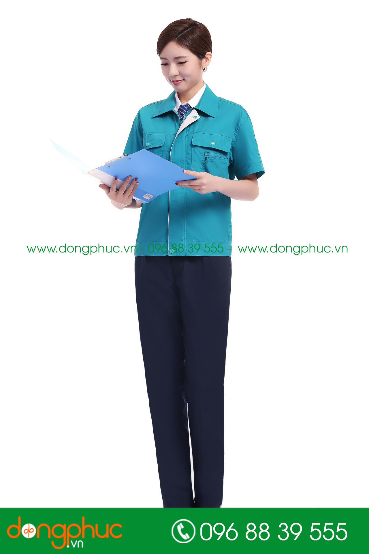Mẫu áo đồng phục kỹ sư – công nhân màu màu xanh YA phối ghi cộc tay - mẫu 6