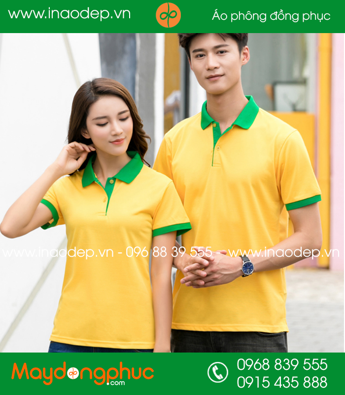 Áo phông đồng phục màu Cam phối Xanh - mẫu 2