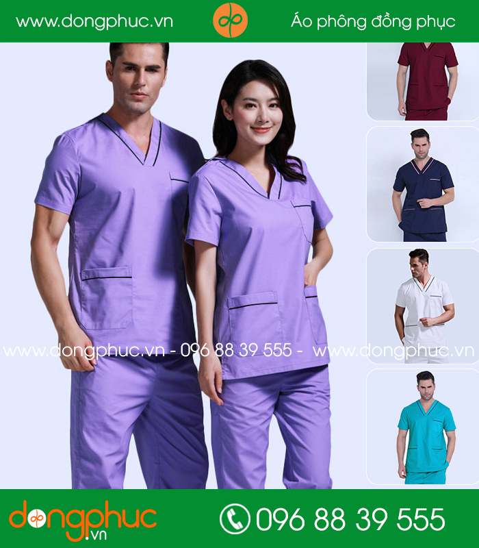 Quần áo đồng phục phòng mổ màu tím cà viền đen