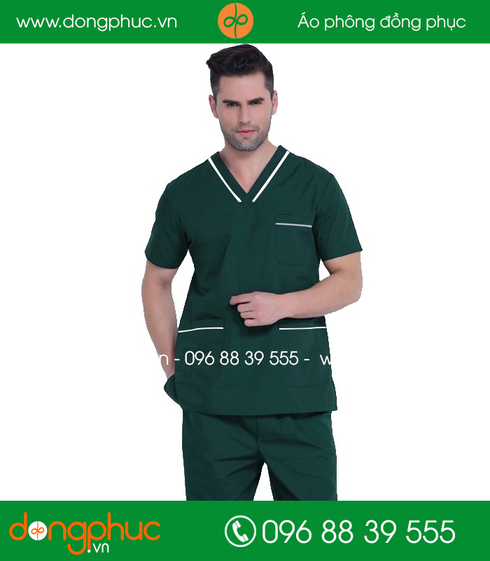 Quần áo đồng phục phòng mổ màu xanh rêu viền trắng