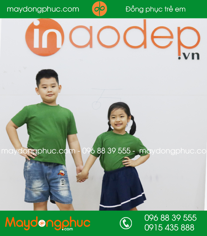 Áo phông trẻ em cổ tròn màu xanh lá