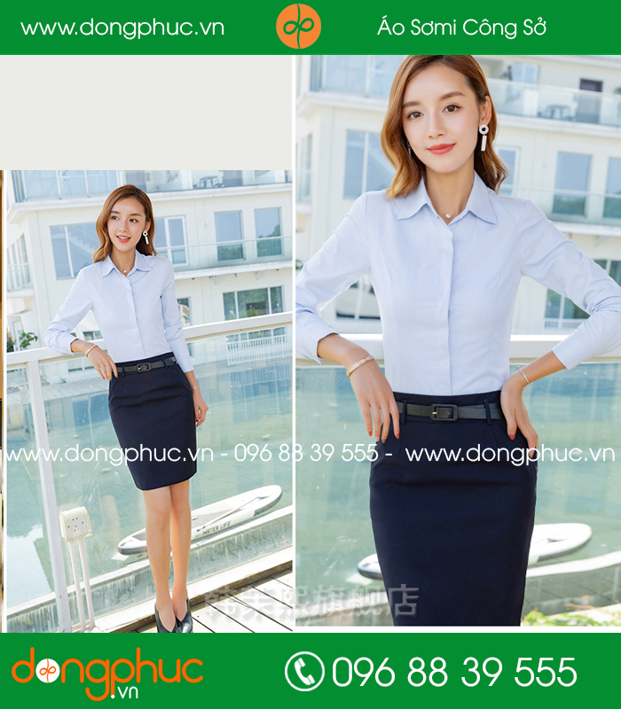 Đồng phục áo sơ mi màu xanh dương quần đen - mẫu 2