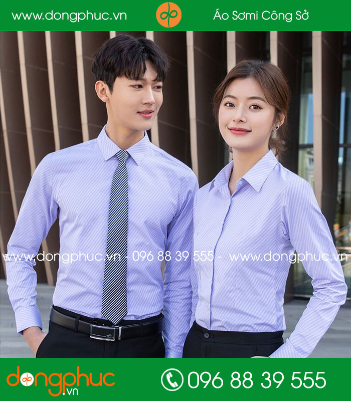 Đồng phục áo sơ mi màu xanh dương kẻ chéo - mẫu 4