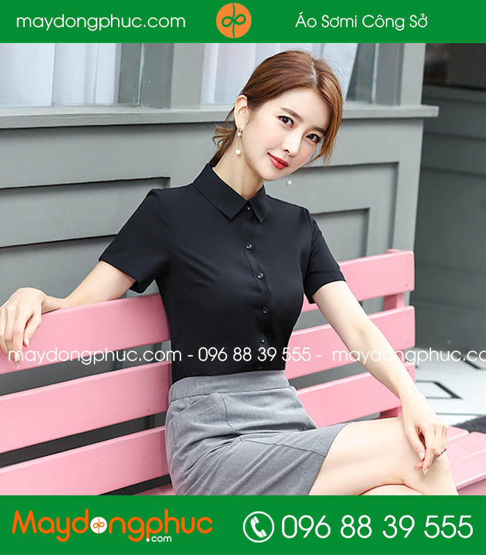 Đồng phục áo sơ mi màu đen cộc tay chân váy màu ghi - mẫu 2
