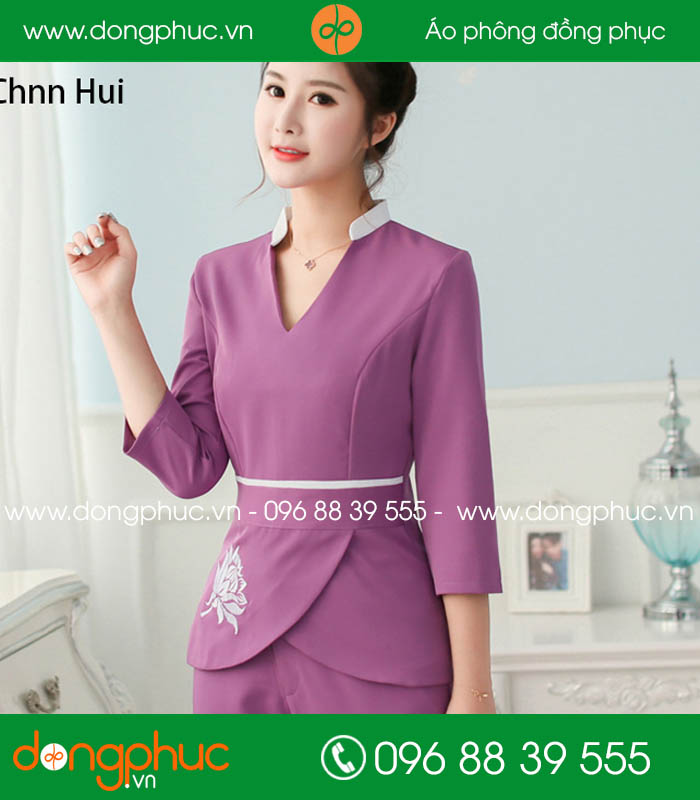 Quần áo đồng phục spa màu tím cổ trắng