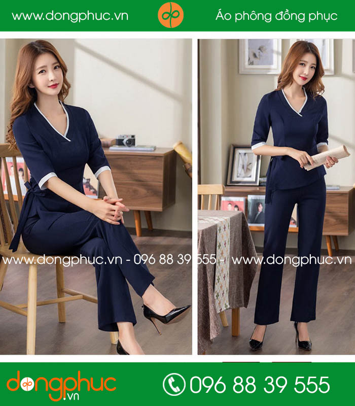 Quần áo đồng phục spa màu tím than viền trắng