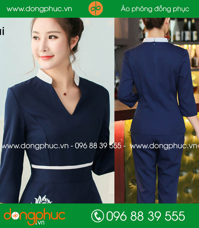 Quần áo đồng phục spa màu tím than cổ trắng - mẫu 4