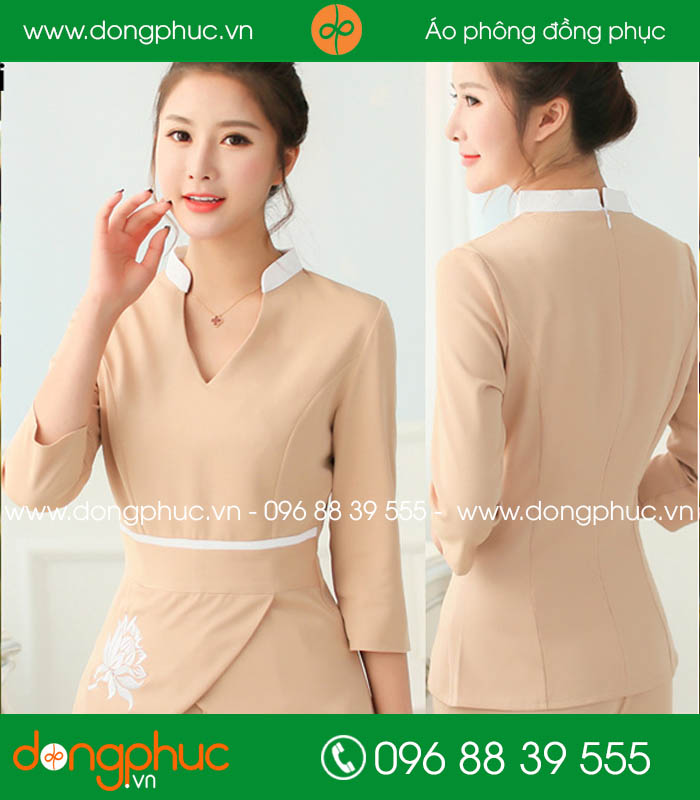 Quần áo đồng phục spa màu hồng nhạt cổ trắng