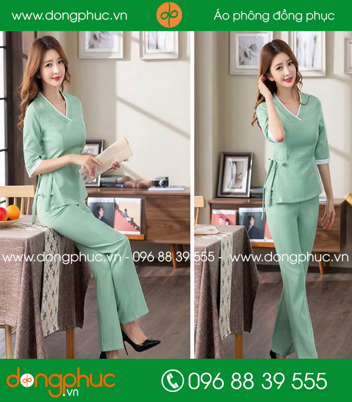 Quần áo đồng phục spa màu ghi đậm viền trắng