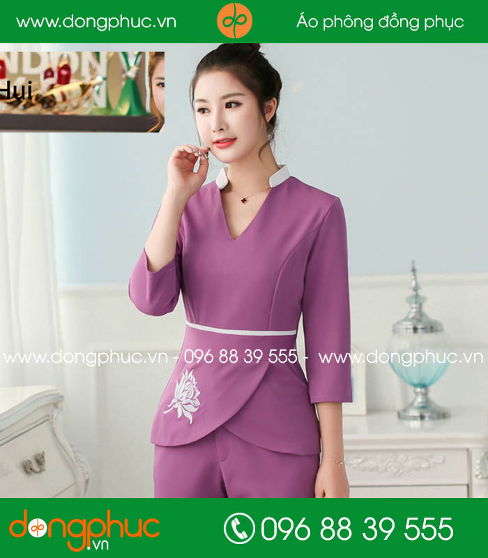 Quần áo đồng phục spa màu tím cổ trắng - mẫu 2