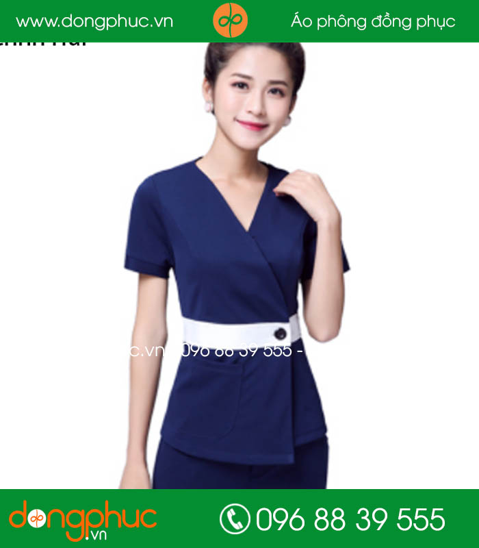 Quần áo đồng phục spa màu tím than cổ trắng - mẫu 2
