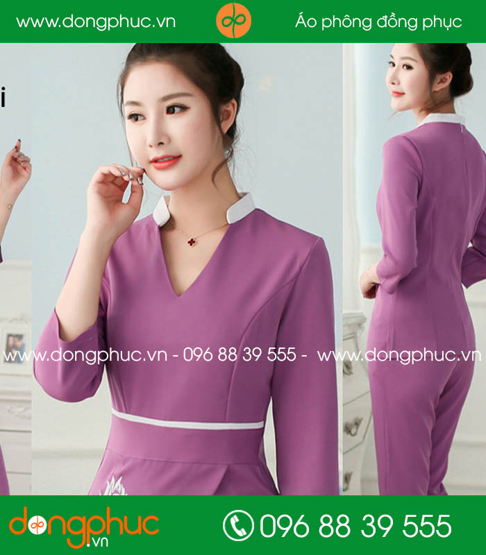 Quần áo đồng phục spa màu tím cổ trắng - mẫu 3