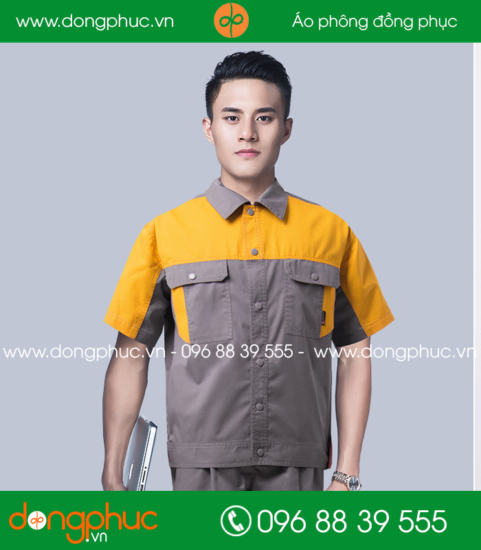 Mẫu áo đồng phục kỹ sư – công nhân màu ghi phối vàng cộc tay