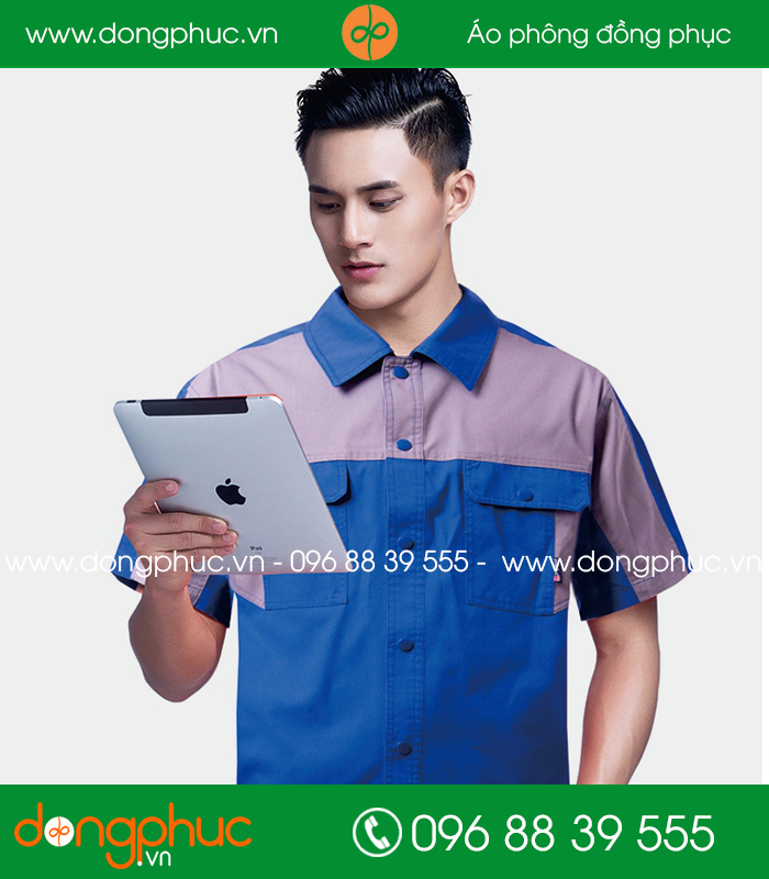 Mẫu áo đồng phục kỹ sư – công nhân màu ghi phối vàng cộc tay - mẫu 2