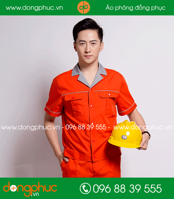 Mẫu áo đồng phục kỹ sư – công nhân màu cam phối ghi cộc tay - mẫu 5