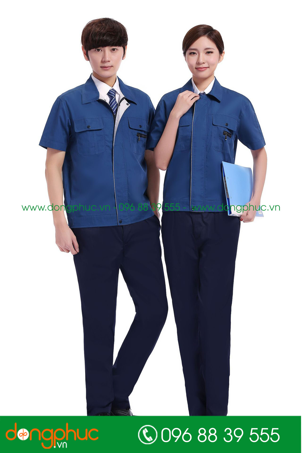 Mẫu áo đồng phục kỹ sư – công nhân màu xanh đậm phối ghi cộc tay