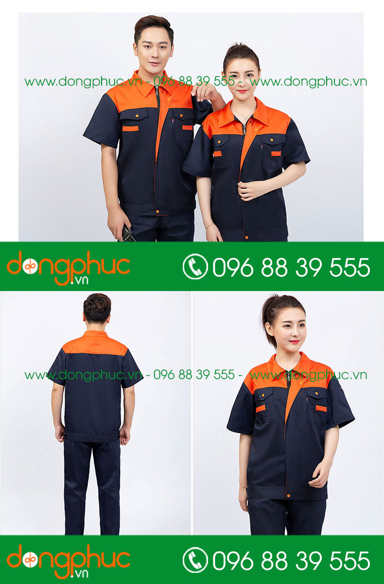 Mẫu áo đồng phục kỹ sư – công nhân màu tím than phối cam cộc tay
