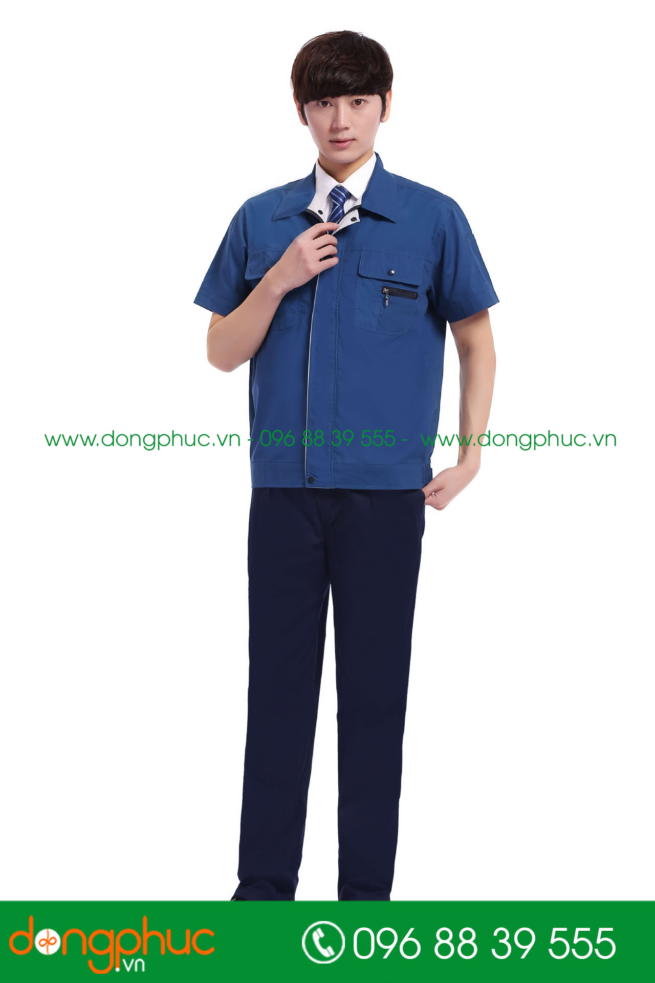 Mẫu áo đồng phục kỹ sư – công nhân màu xanh đậm phối ghi cộc tay - mẫu 2