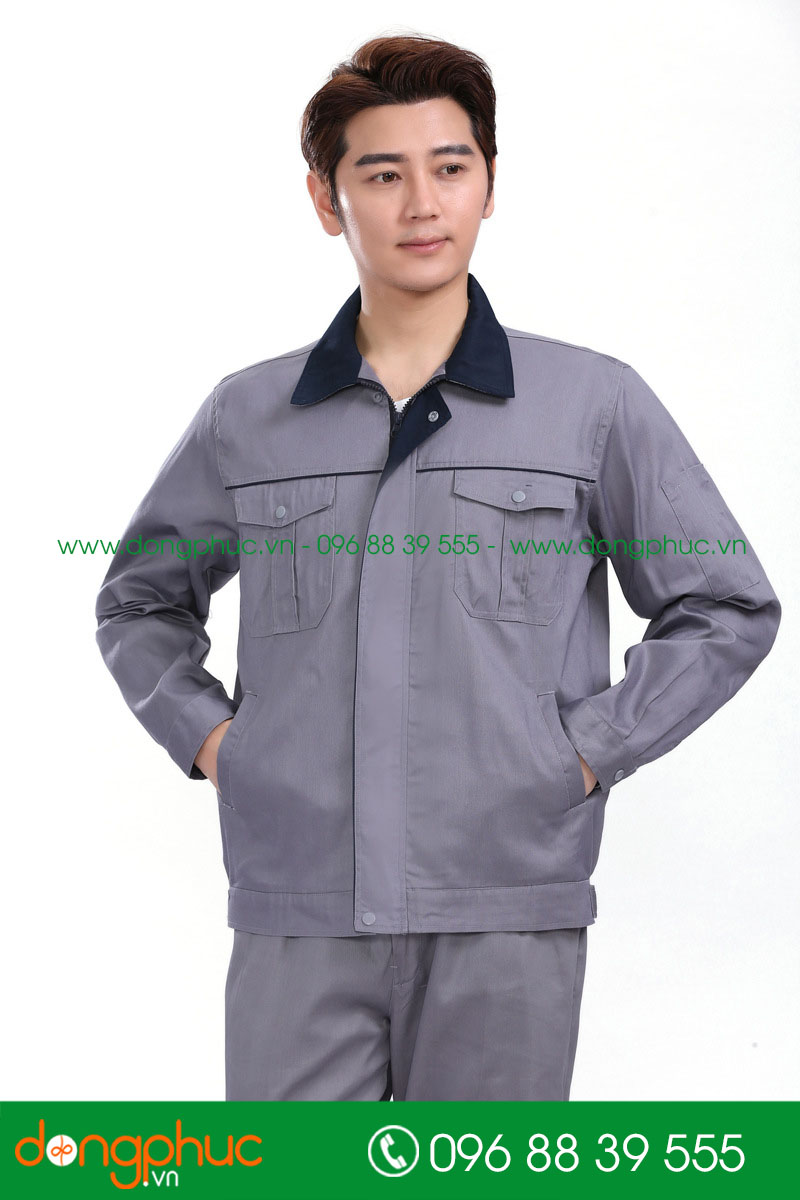 Mẫu áo đồng phục kỹ sư – công nhân màu ghi đậm phối tím than - mẫu 2