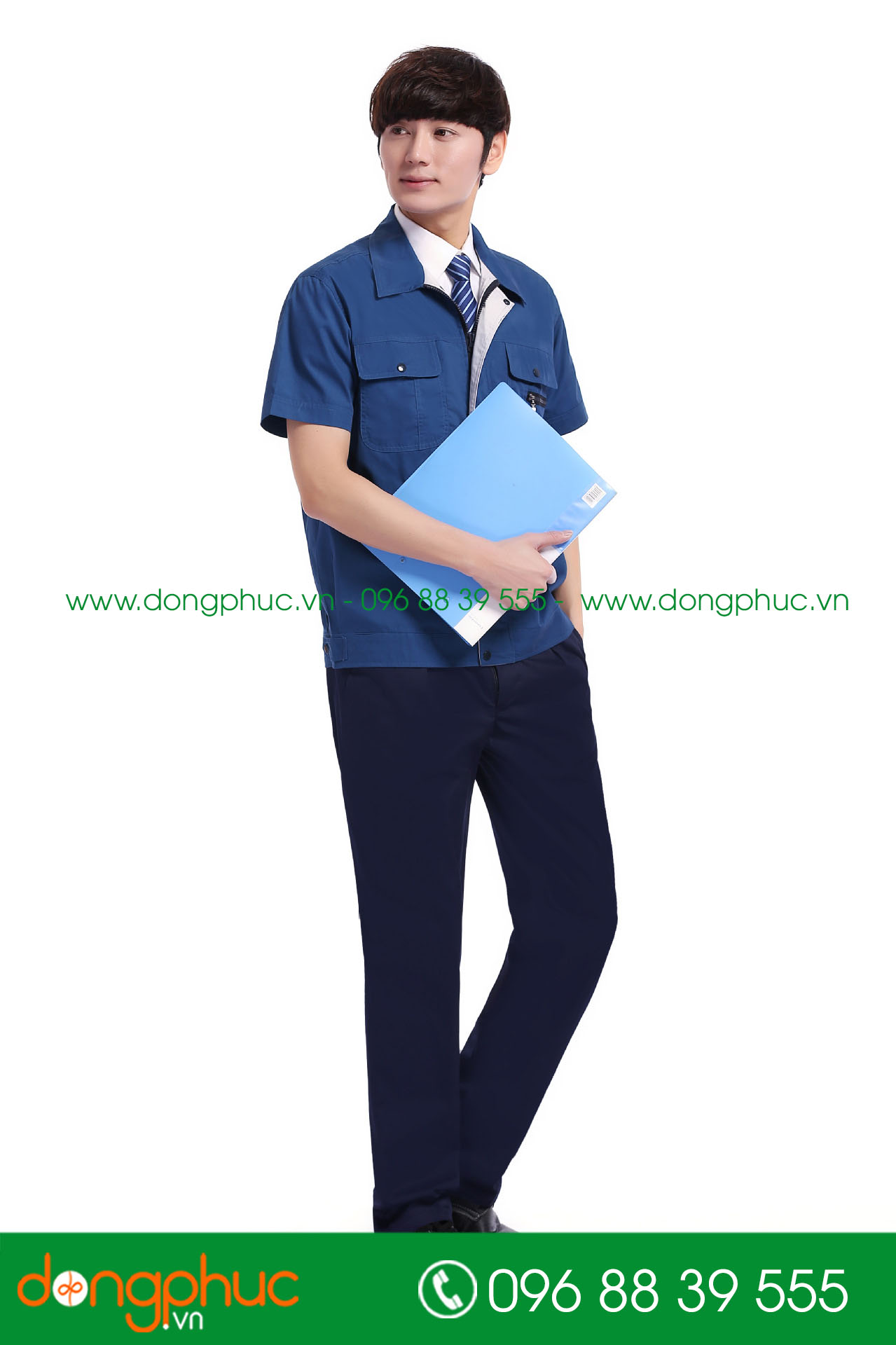 Mẫu áo đồng phục kỹ sư – công nhân màu xanh đậm phối ghi cộc tay - mẫu 3