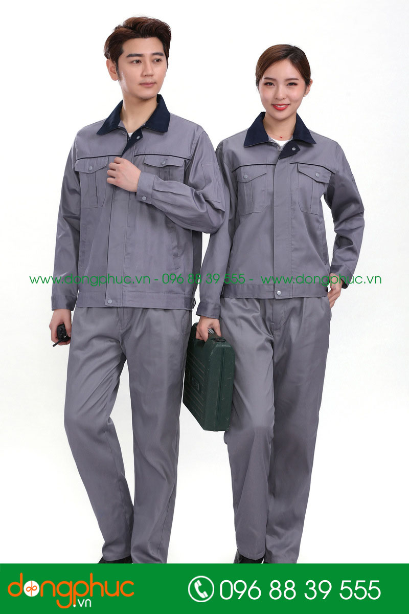 Mẫu áo đồng phục kỹ sư – công nhân màu ghi đậm phối tím than - mẫu 3