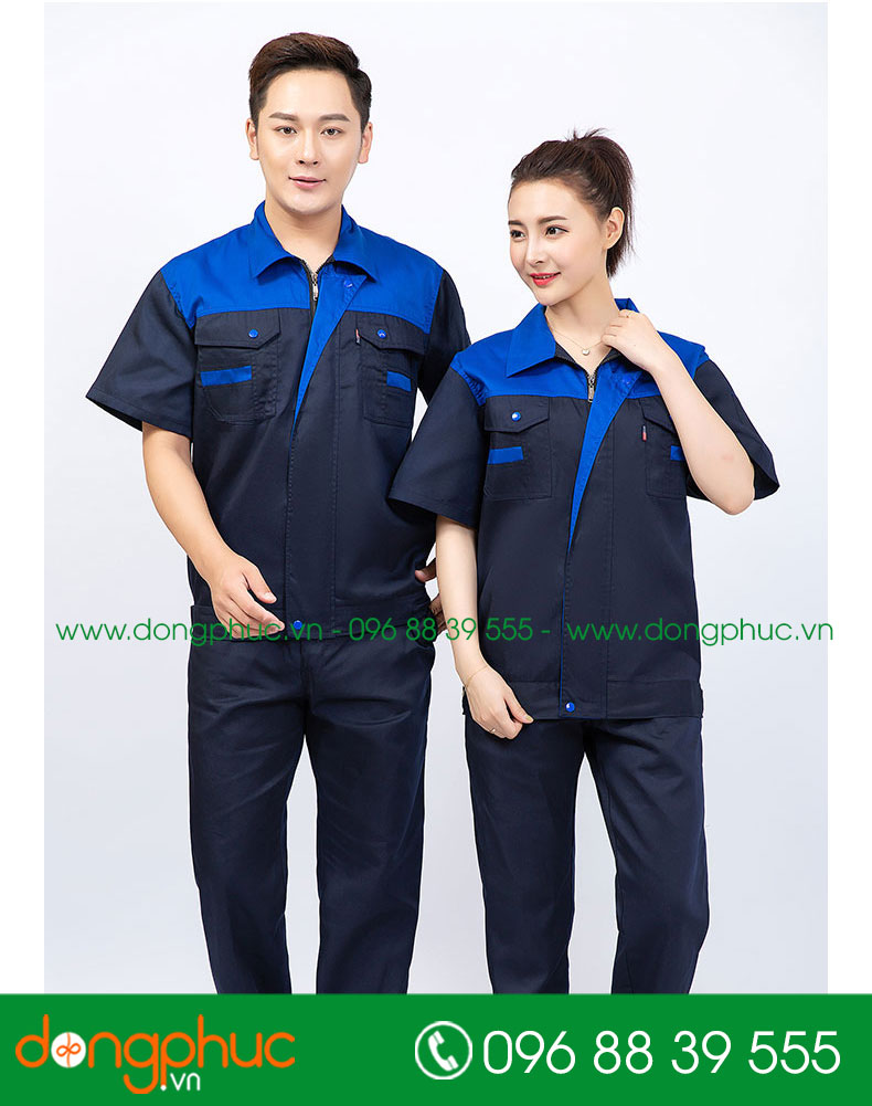 Mẫu áo đồng phục kỹ sư – công nhân màu tím than phối cam cộc tay - mẫu 3