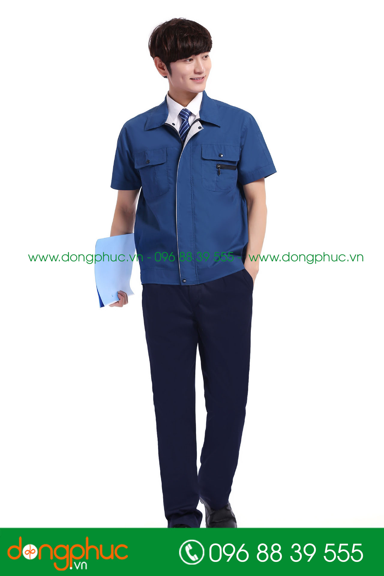 Mẫu áo đồng phục kỹ sư – công nhân màu xanh đậm phối ghi cộc tay - mẫu 4