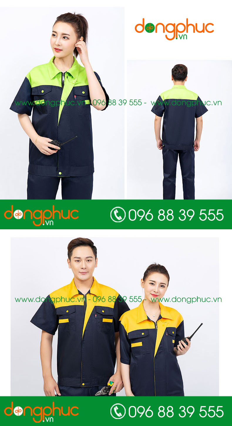 Mẫu áo đồng phục kỹ sư – công nhân màu tím than phối cam cộc tay - mẫu 5