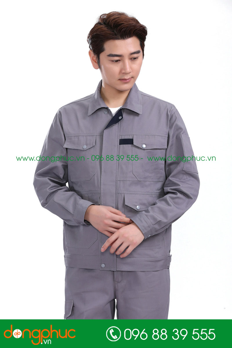 Mẫu áo đồng phục kỹ sư – công nhân màu ghi đậm phối tím than - mẫu 6