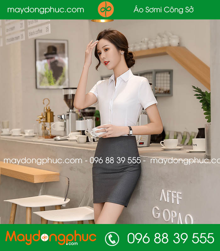 Đồng phục áo sơ mi màu trắng cộc tay váy ghi đậm - mẫu 2