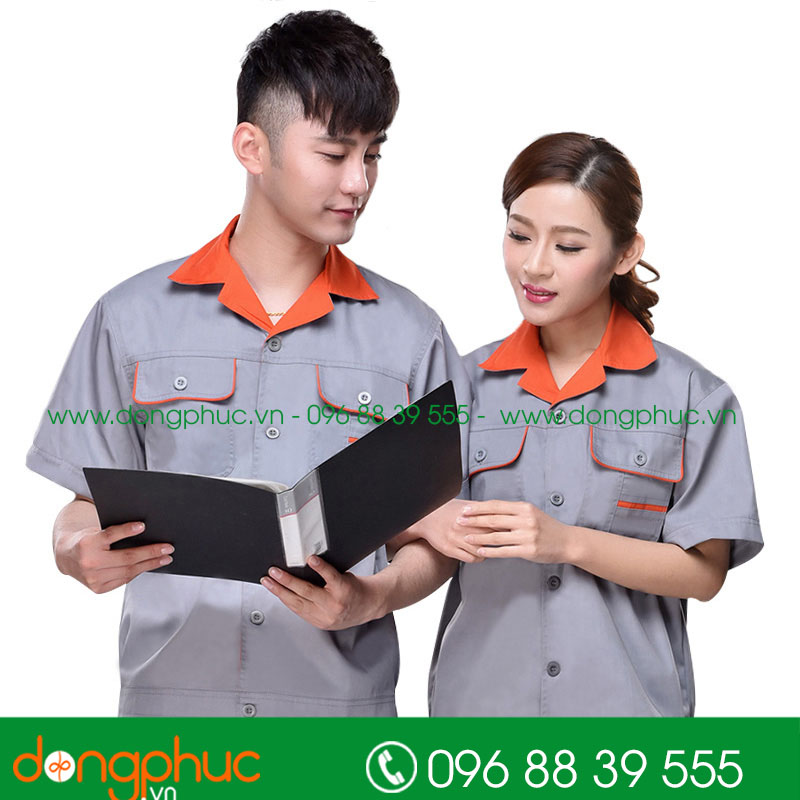 Mẫu áo đồng phục kỹ sư – công nhân màu xanh bích phối cam - mẫu 2