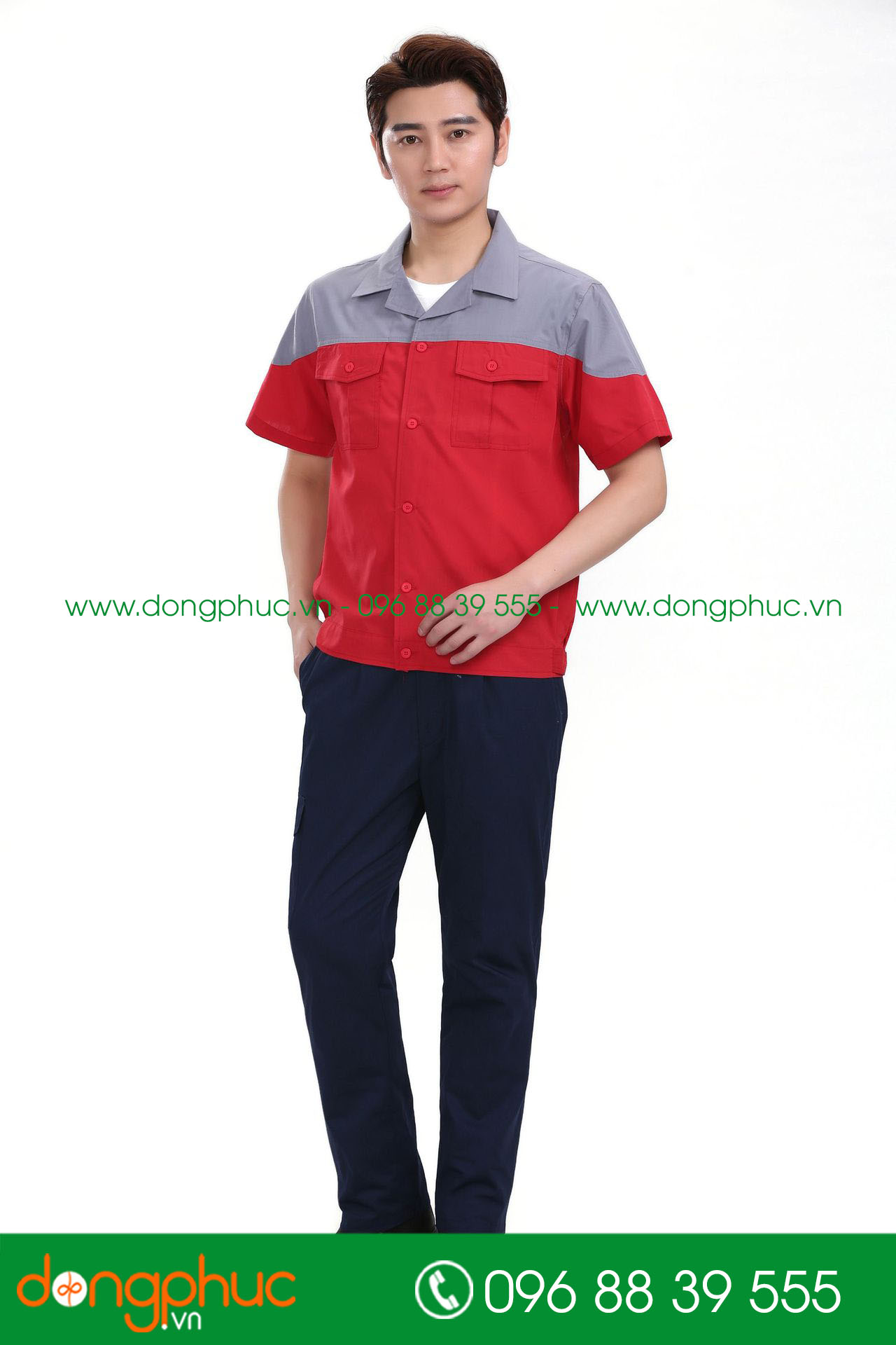 Mẫu áo đồng phục kỹ sư – công nhân màu đỏ phối ghi đậm cộc tay
