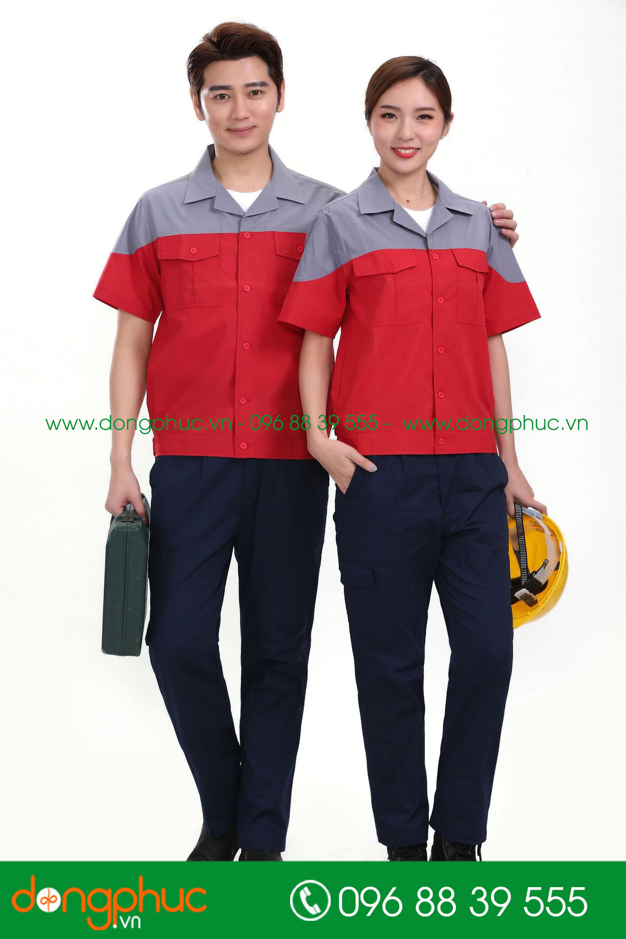 Mẫu áo đồng phục kỹ sư – công nhân màu đỏ phối ghi đậm cộc tay - mẫu 4