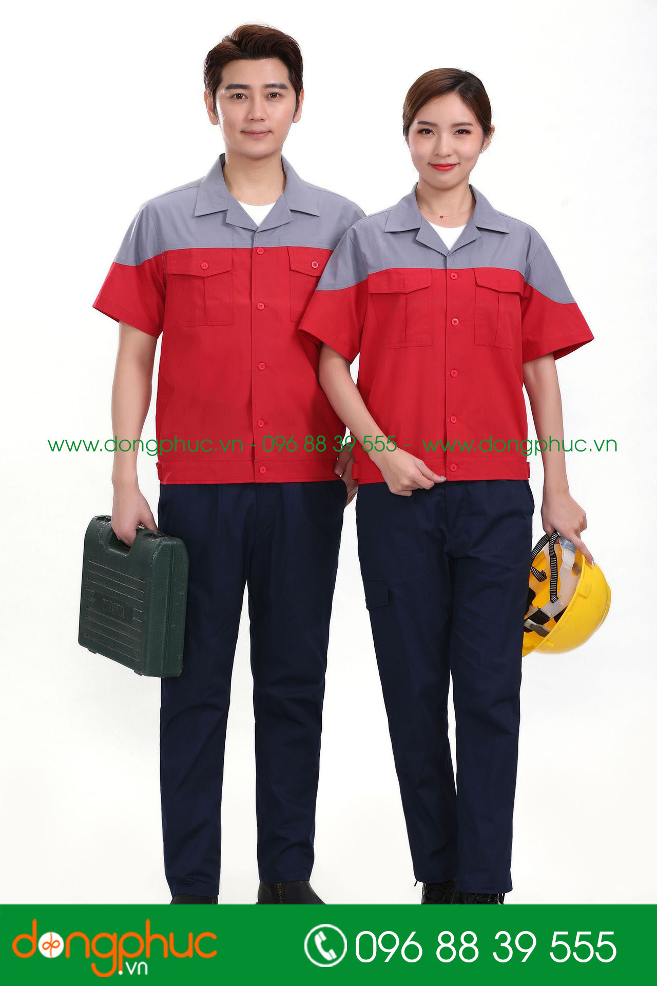 Mẫu áo đồng phục kỹ sư – công nhân màu đỏ phối ghi đậm cộc tay - mẫu 5