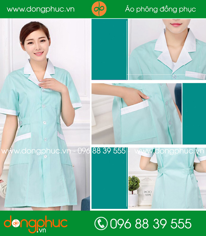 Áo blouse đồng phục y tá – Bác sĩ màu xanh nhạt cổ trắng