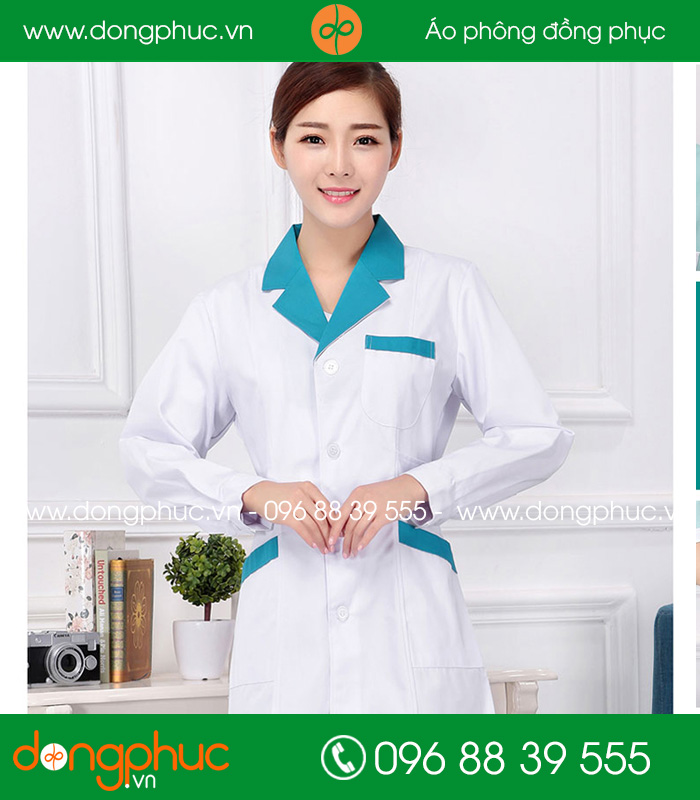 Áo blouse đồng phục y tá – Bác sĩ màu trắng cổ xanh YA